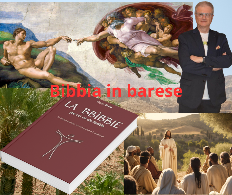 Filippo Favia, *La BBIBBIE pe cci và de fodde (in lingua barese, con traduzione in italiano, *Amazon 2025.**  Tradurre la Bibbia in dialetto?! Finora c’era riuscito – per intero – solo don Matteo Coppola in napoletano, opera in sei volumi, di difficile reperimento. Quanto al barese, due anni fa (2003) Luigi Canonico si è limitato al Nuovo Testamento, *U Tèstamènde Nève*, mentre Augusto Carbonara nel 2013 ha tradotto il Vangelo di Marco, *U Vangele alla manere de Marche veldate alla barese. Testo barese e latino. *Filippo Favia non ambisce a una traduzione integrale, ma, in questo ultimo suo lavoro, ci propone una selezione accurata e vivace delle pagine più significative del Libro sacro, debitamente rielaborate: *La BBIBBIE, pe cci và de fodde, *la Bibbia, cioè, “per chi ha fretta”*.*  ## **📚 Contestualizzazione e valore linguistico**  Il barese, negli anni recenti, ha attirato l’attenzione dell’opinione pubblica, e l’interesse di registi ed editori, basti pensare al successo (sebbene duramente contestato dai puristi della lingua) del Topolino … Ma la Lingua barese da tempo ha dato prova di grande capacità di sostenere testi colti: come *La “Chemmedie” de Dande* di Gaetano Savelli (Divina Commedia) e altre opere dedicate a Leopardi o alla Guerra di Troia. Favia, già autore di varie raccolte dialettali (a partire dalle poesie di *Spine de Rizze* e *Na ceclatère de pausì*), segue questa prestigiosa tradizione, e in questo recente lavoro, conferma la sua professionalità nel trattare il tema e nell’uso corretto della grafia dialettale conforme alle norme dell’Accademia della Lingua Barese fondata da Alfredo Giovine, sostenuta dalla "preziosa consulenza” fornita dall'attore ed esperto cultore della tradizione barese, Gigi De Santis.  ## **🎯 Scelta dei brani e struttura editoriale**  Favia include 20 episodi dell’AT e 24 del NT, correttamente rielaborati nel rispetto della tradizionale lettura religiosa, e attentamente selezionati con equilibrato peso rispetto alla rilevanza e influenza che gli stessi hanno esercitato sulla cultura - arte, letteratura, cinema - nazionale e mondiale. Si parte dalla Creazione, dal Diluvio universale, e dalla Torre di Babele …, per arrivare alla Moltiplicazione dei pani, Risurrezione e incredulità di Tommaso.  Originale è l’impaginazione bilingue: il testo italiano affiancato a sinistra rispetto alla versione barese, che fa da guida al lettore, facilitando la comprensione per chi non è madrelingua, senza sminuire la forza della resa in vernacolo.  ## **✨ Lingua, stile, fedeltà narrativa**  Il risultato di Favia è asciutto, ma mai piatto. Riesce a mantenere i climax drammatici, ironici, profetici e lirici tipici dei racconti biblici, grazie anche alla scelta ben calibrata di termini specifici baresi, come ad esempio “Domineddì”, che ben traduce il nome proprio, impronunciabile di Dio in ebraico Yhavé-Elohim, reso con Signore Dio, o l’uso del preciso e vivo barese “zèdere”, per rendere “spose”, “consorti”. Scelte lessicali che testimoniano la buona conoscenza del testo sacro e l’alta competenza e rispetto per la lingua barese autentica.  ## **🛡️ Dialetto e sacralità: un incontro necessario**  Questo ennesimo lavoro del bravo Filippo Favia non è mera esercitazione letteraria, ma il risultato di attenta lettura della Bibbia, di un’appropriazione consapevole dei suoi contenuti e della faticosa lotta ermeneutica tra due tradizioni linguistiche che seppur lontane nello spazio e nel tempo sono destinate a dialogare e incontrarsi nel cuore più profondo del senso della vita che ogni generazione e cultura da sempre cerca di indagare. Ed è altresì un gesto encomiabile di amore, custodia e valorizzazione di una lingua, il barese, che non è seconda a nessuna del nostro Bel Paese, capace di esprimersi in tutti i registri, da quello comico-popolare a quello più lirico e sacro degno delle grande cultura. Un contributo significativo per la salvaguardia della nostra lingua.  ## **😄 Tono coinvolgente… senza banalità**  Pur mantenendo rigore filologico e proporre riflessioni profonde, il testo sa intrattenere. Favia sa far sorridere grazie al suo vernacolo autentico e schietto, e al suo appeal narrativo. Una lettura che non deluderà certo il cultore attento della Bibbia e il credente, ma che sicuramente sarà in grado di catturare l’attenzione del curioso e sempre più vasto pubblico, attratto dal nostro dialetto o da quello che già lo mastica. Per tutti, un’esperienza rinnovata di ascolto di storie eterne, di portata universale.